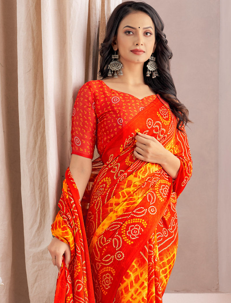 Orange Classic Star Chiffon With Printed Ruchi Sarees