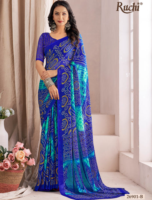 Royal Blue Orange Classic Star Chiffon With Printed Ruchi Sarees