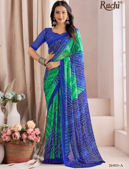 Blue & Green Classic Star Chiffon With Printed Ruchi Sarees