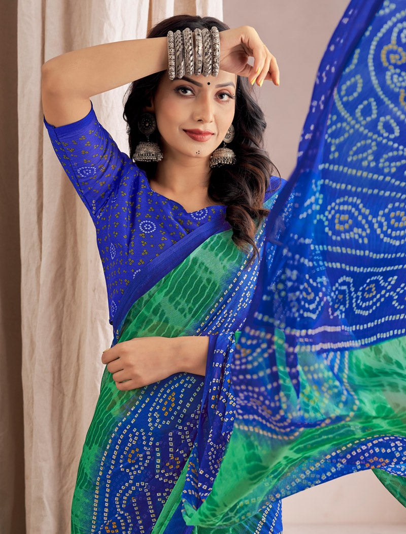 Blue & Green Classic Star Chiffon With Printed Ruchi Sarees