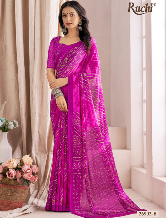 Dark Pink Classic Star Chiffon With Printed Ruchi Sarees