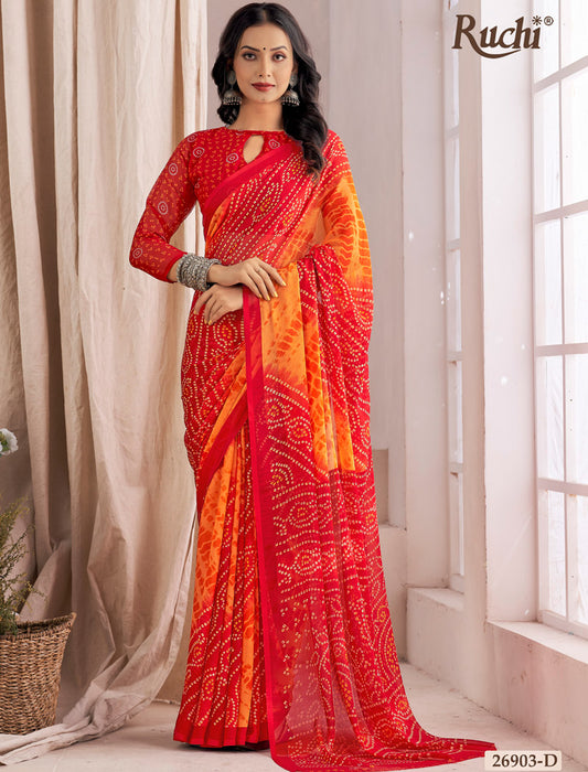 Red Classic Star Chiffon With Full Sleeves Blouse Printed Ruchi Sarees