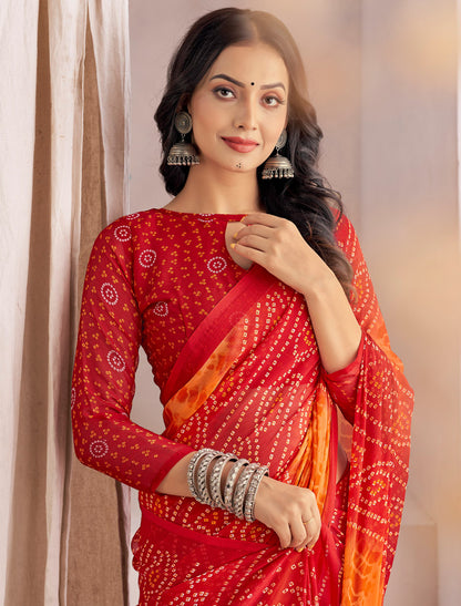 Red Classic Star Chiffon With Full Sleeves Blouse Printed Ruchi Sarees