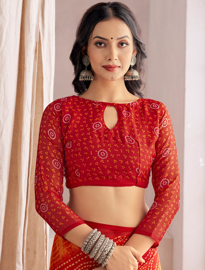 Red Classic Star Chiffon With Full Sleeves Blouse Printed Ruchi Sarees