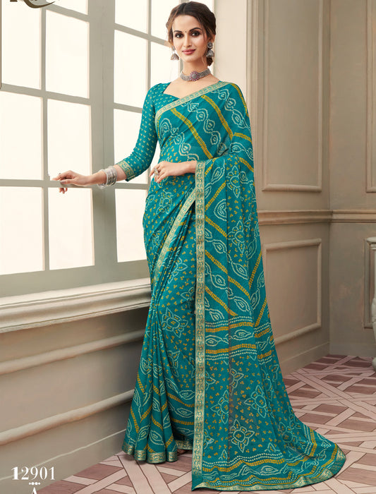 Sea Green Simayaa Chiffon With Tassels and Banarasi Border Ruchi Printed Sarees