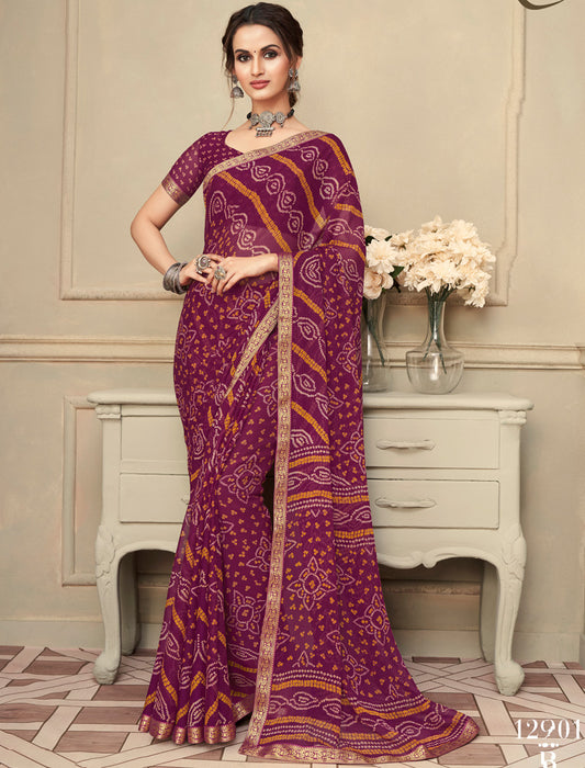 Magenta Simayaa Chiffon With Tassels and Banarasi Border Ruchi Printed Sarees