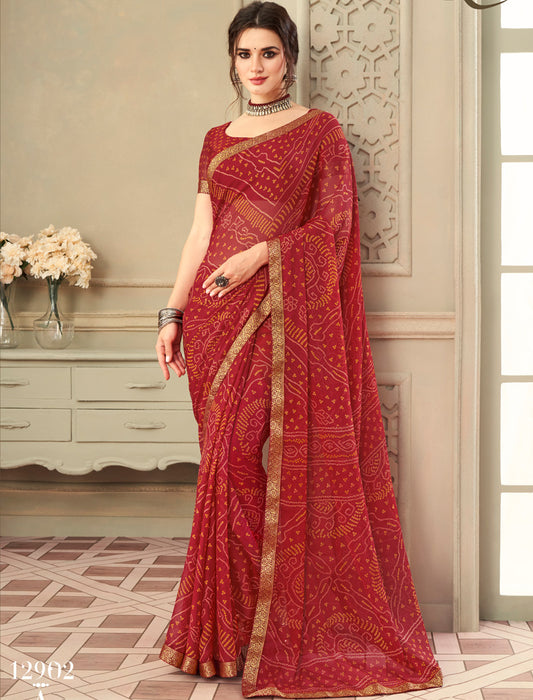 Red Simayaa Chiffon With Tassels and Banarasi Border Ruchi Printed Sarees