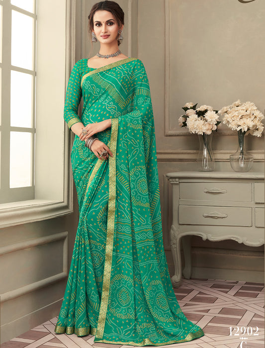 Green Simayaa Chiffon With Tassels and Banarasi Border Ruchi Printed Sarees