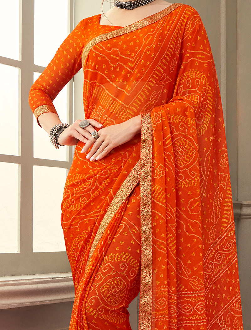 Orange Simayaa Chiffon With Tassels and Banarasi Border Ruchi Printed Sarees