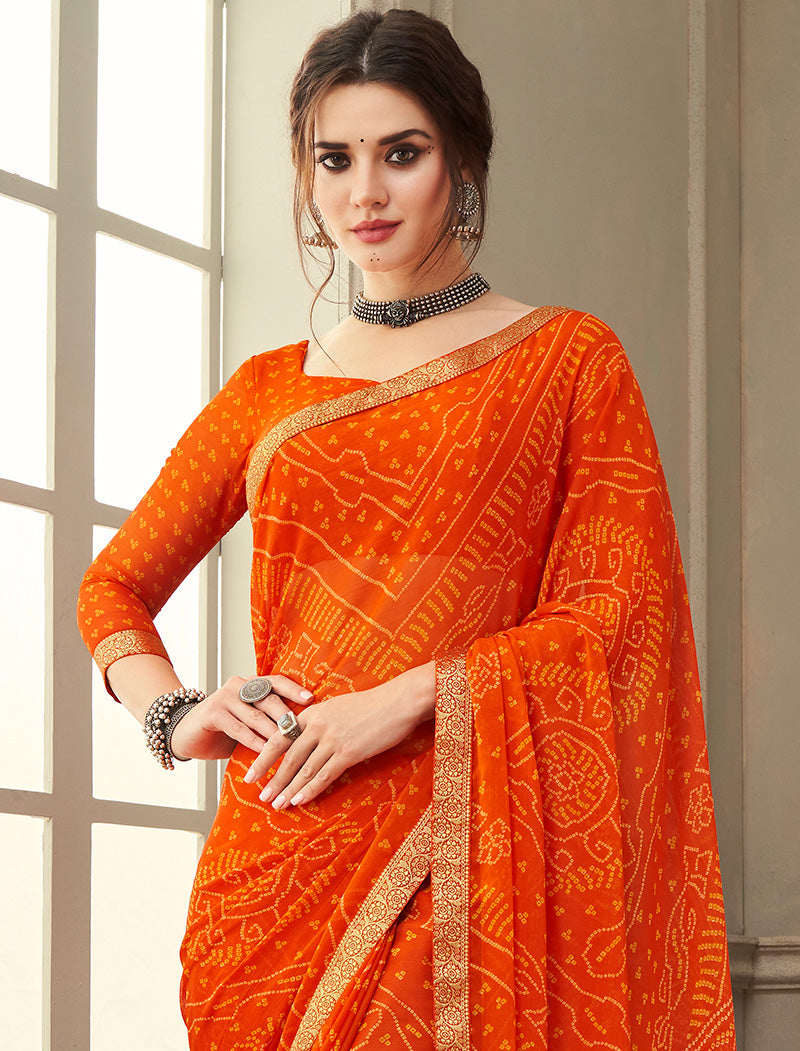 Orange Simayaa Chiffon With Tassels and Banarasi Border Ruchi Printed Sarees