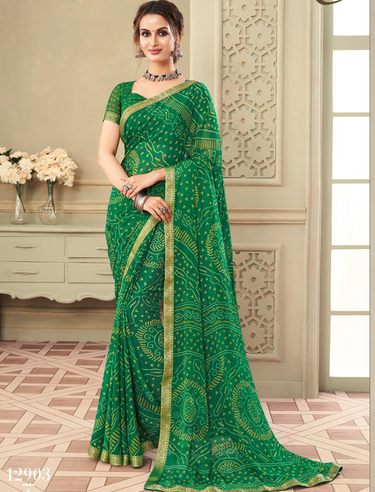 Olive Green Simayaa Chiffon With Tassels and Banarasi Border Ruchi Printed Sarees