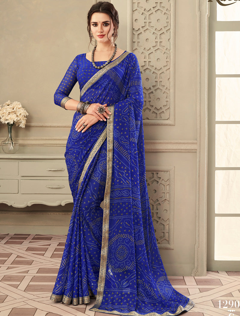 Royal Blue Simayaa Chiffon With Tassels and Banarasi Border Ruchi Printed Sarees