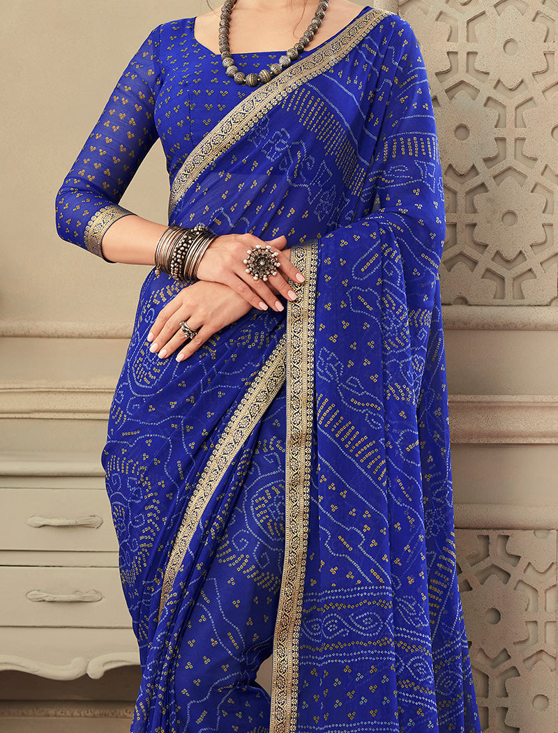 Royal Blue Simayaa Chiffon With Tassels and Banarasi Border Ruchi Printed Sarees