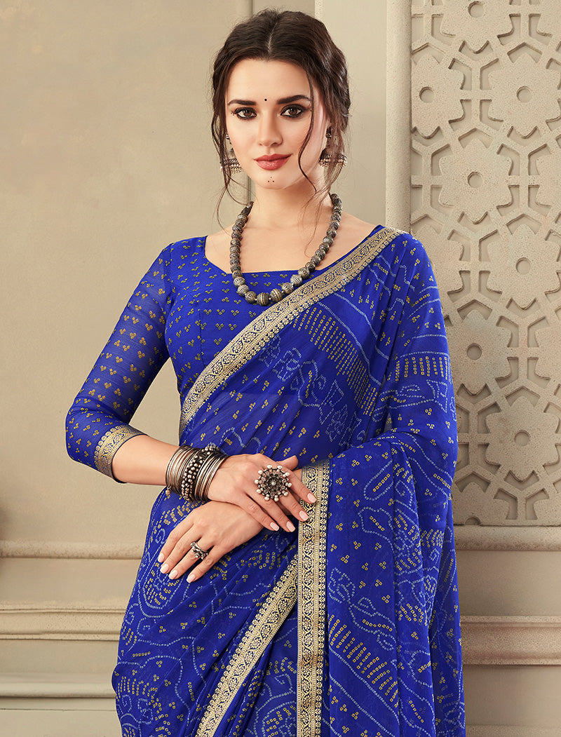 Royal Blue Simayaa Chiffon With Tassels and Banarasi Border Ruchi Printed Sarees