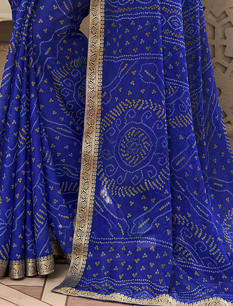 Royal Blue Simayaa Chiffon With Tassels and Banarasi Border Ruchi Printed Sarees