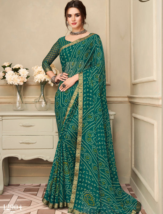 Dark Green Simayaa Chiffon With Tassels and Banarasi Border Ruchi Printed Sarees