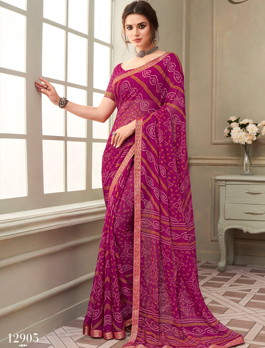 Dark Pink Simayaa Chiffon With Tassels and Banarasi Border Ruchi Printed Sarees