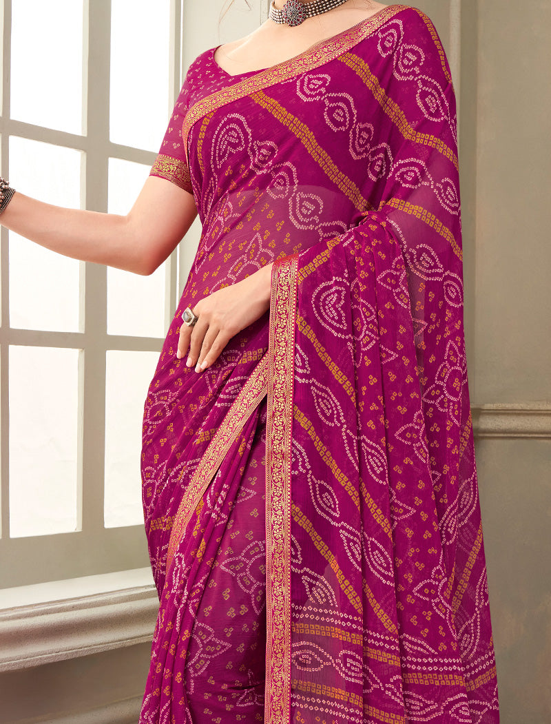 Dark Pink Simayaa Chiffon With Tassels and Banarasi Border Ruchi Printed Sarees