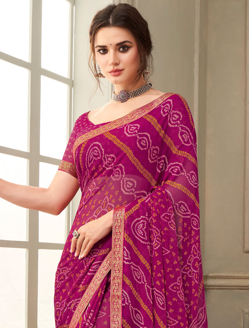 Dark Pink Simayaa Chiffon With Tassels and Banarasi Border Ruchi Printed Sarees