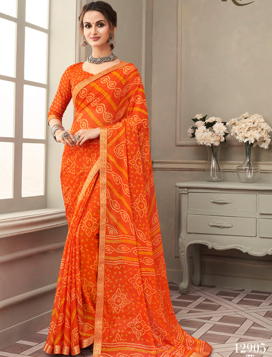 Orange Simayaa Luxurious Chiffon With Tassels and Banarasi Border Ruchi Printed Sarees