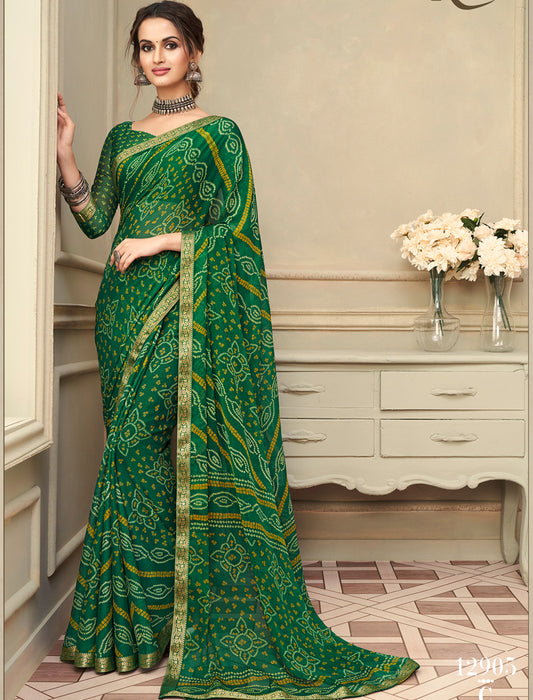 Olive Green Simayaa Luxurious Chiffon With Tassels and Banarasi Border Ruchi Printed Sarees