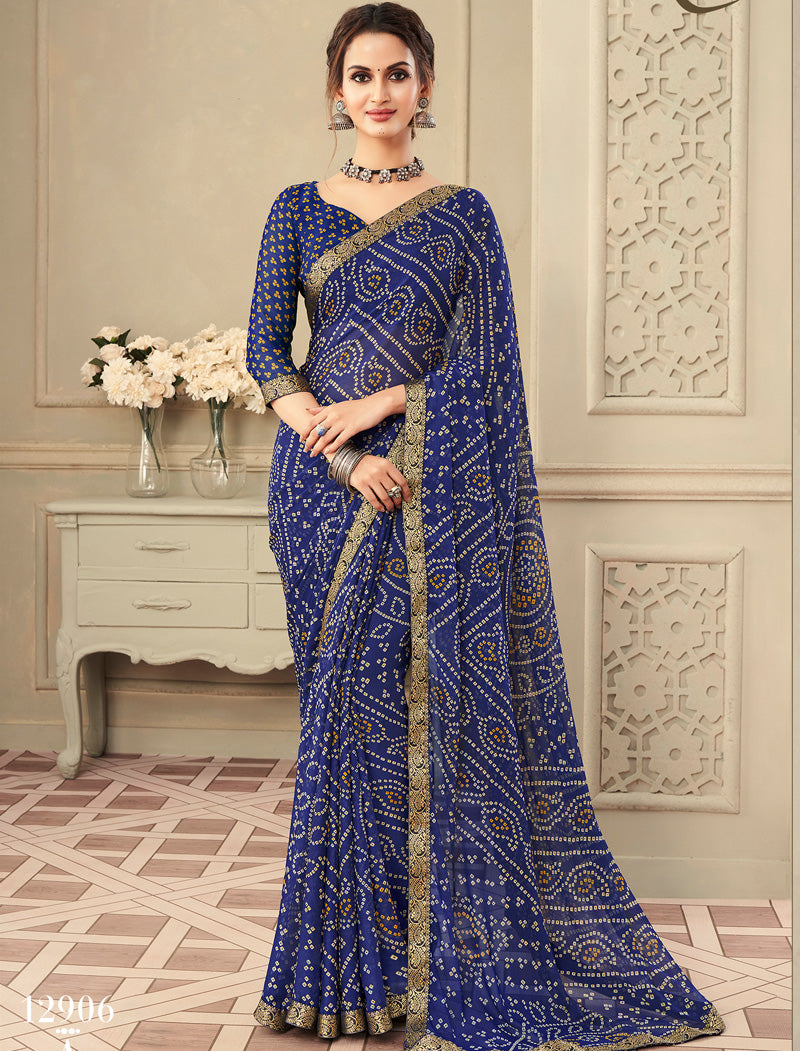 Navy Blue Simayaa Luxurious Chiffon With Tassels and Banarasi Border Ruchi Printed Sarees