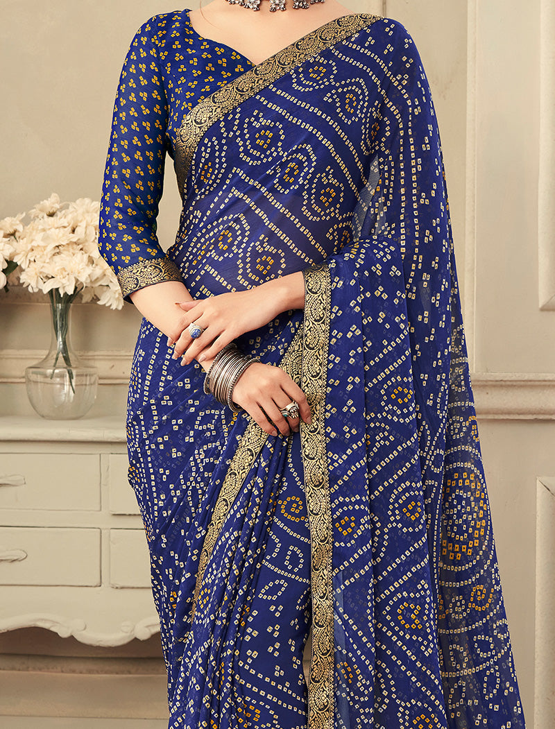 Navy Blue Simayaa Luxurious Chiffon With Tassels and Banarasi Border Ruchi Printed Sarees