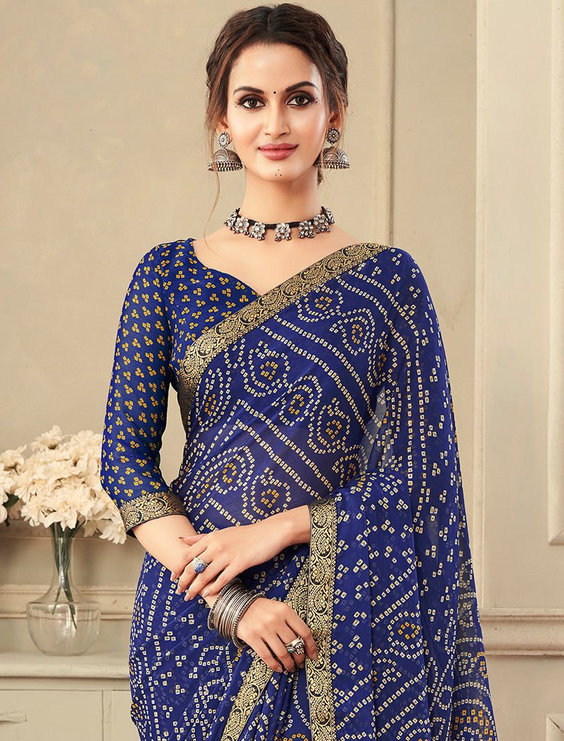 Navy Blue Simayaa Luxurious Chiffon With Tassels and Banarasi Border Ruchi Printed Sarees