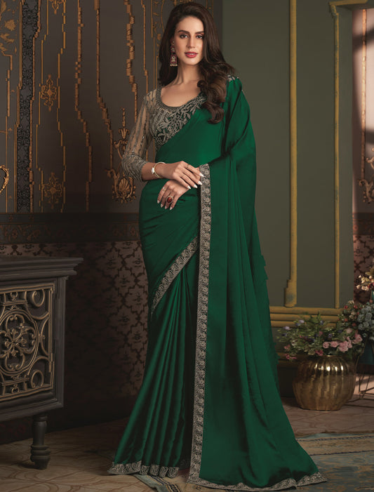 Satin Silk Chiffon Party Waer Saree With Ethnic Banglori Silk Blouse