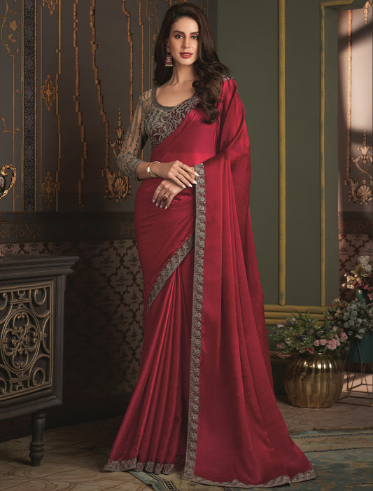 Exquisite Satin Silk Chiffon With Ethnic Banglori Silk Blouse Party Saree