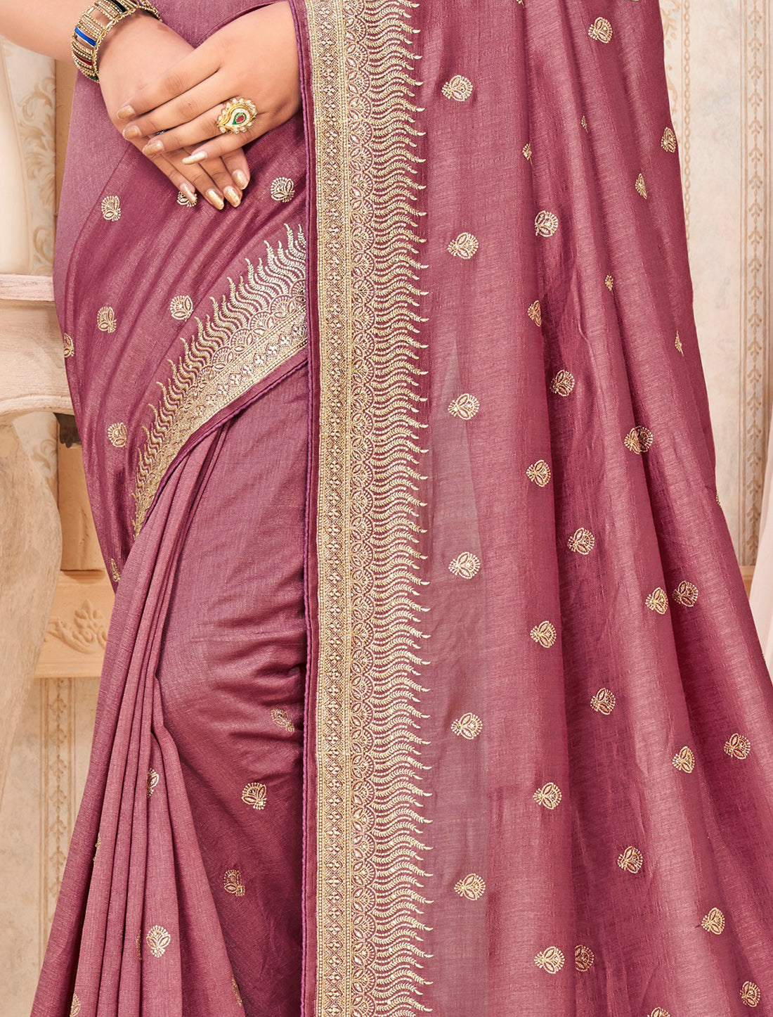 Pink Ethnic Traditional Vichitra Silk Saree For Women