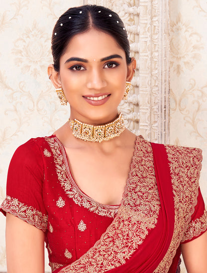 Red Elegant Traditionl Ethnic Vichitra Silk Saree For Women