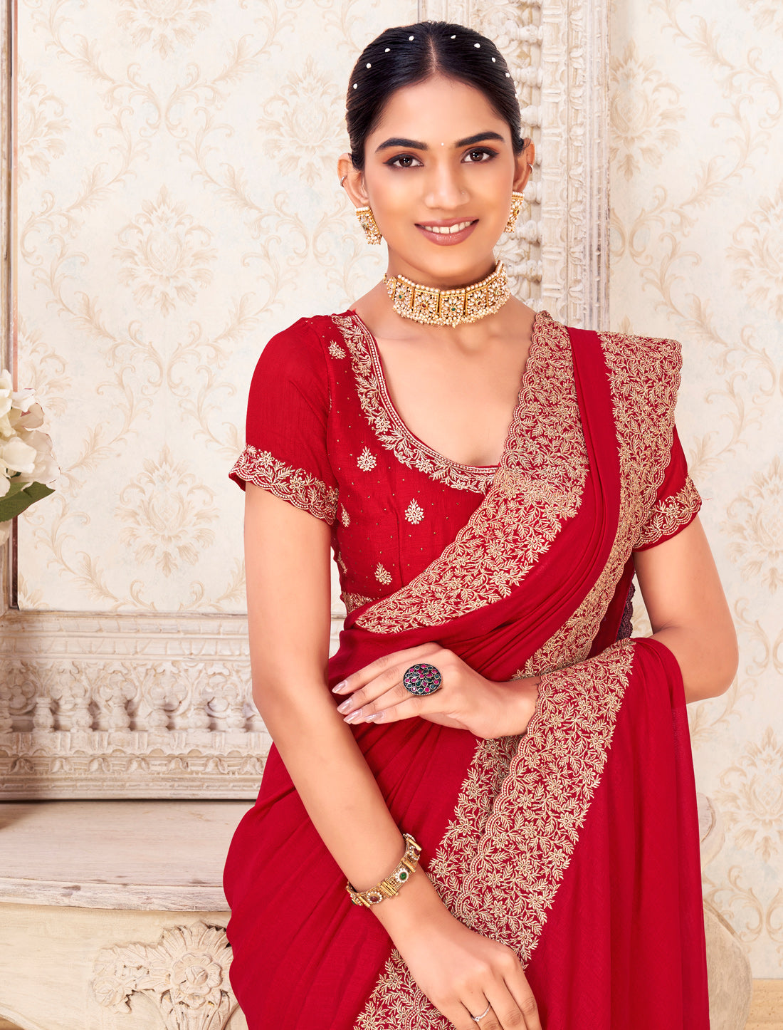 Red Elegant Traditionl Ethnic Vichitra Silk Saree For Women