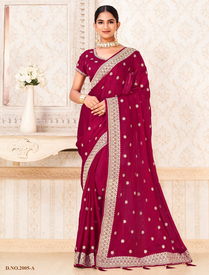 Exquisite Red Satin Chiffon Ethnic Saree For Women