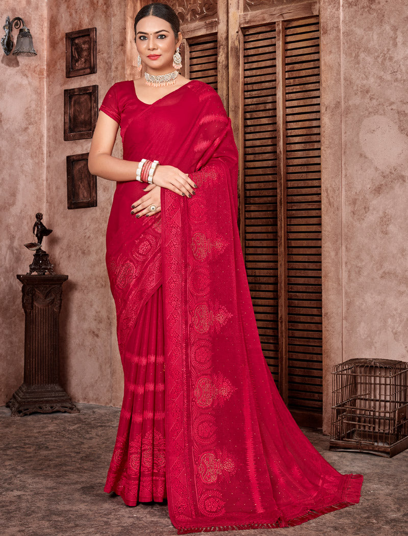 Red Sitara Chiffon Party Wear Designer Sarees | befashionate