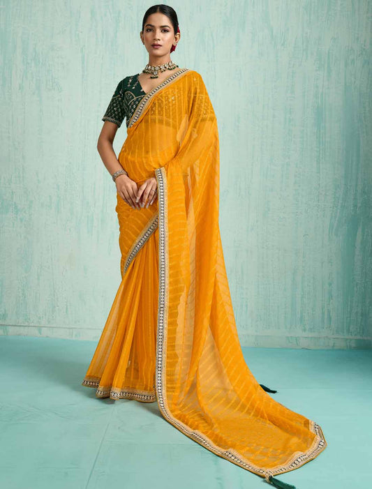Yellow Ethnic Chiffon With Banglori Silk Blouse Zari Sequence Saree