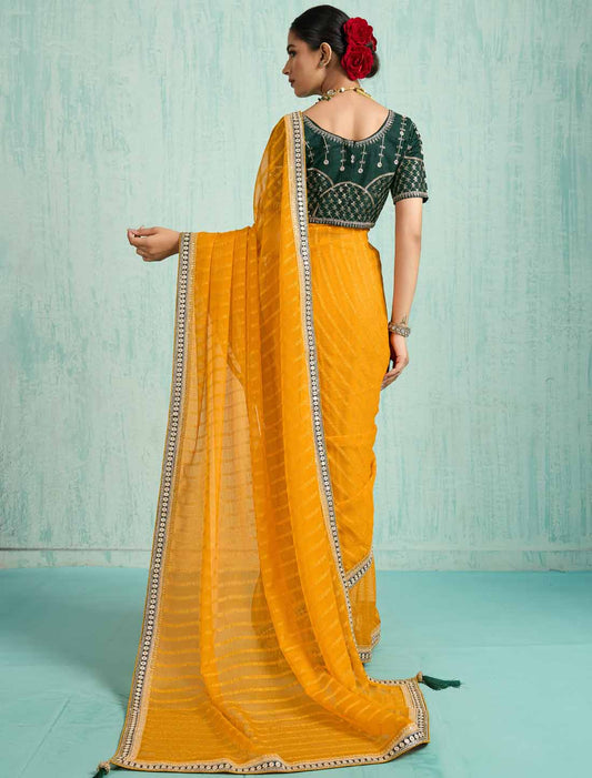 Yellow Ethnic Chiffon With Banglori Silk Blouse Zari Sequence Saree