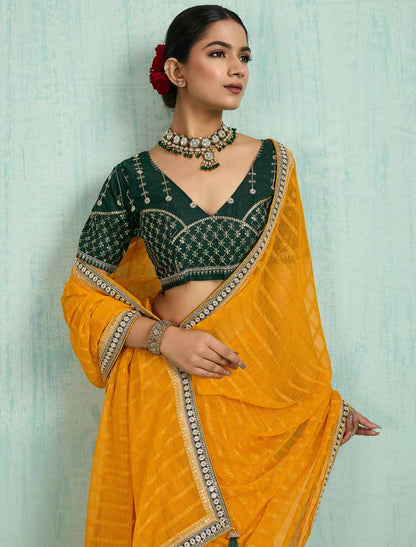 Yellow Ethnic Chiffon With Banglori Silk Blouse Zari Sequence Saree