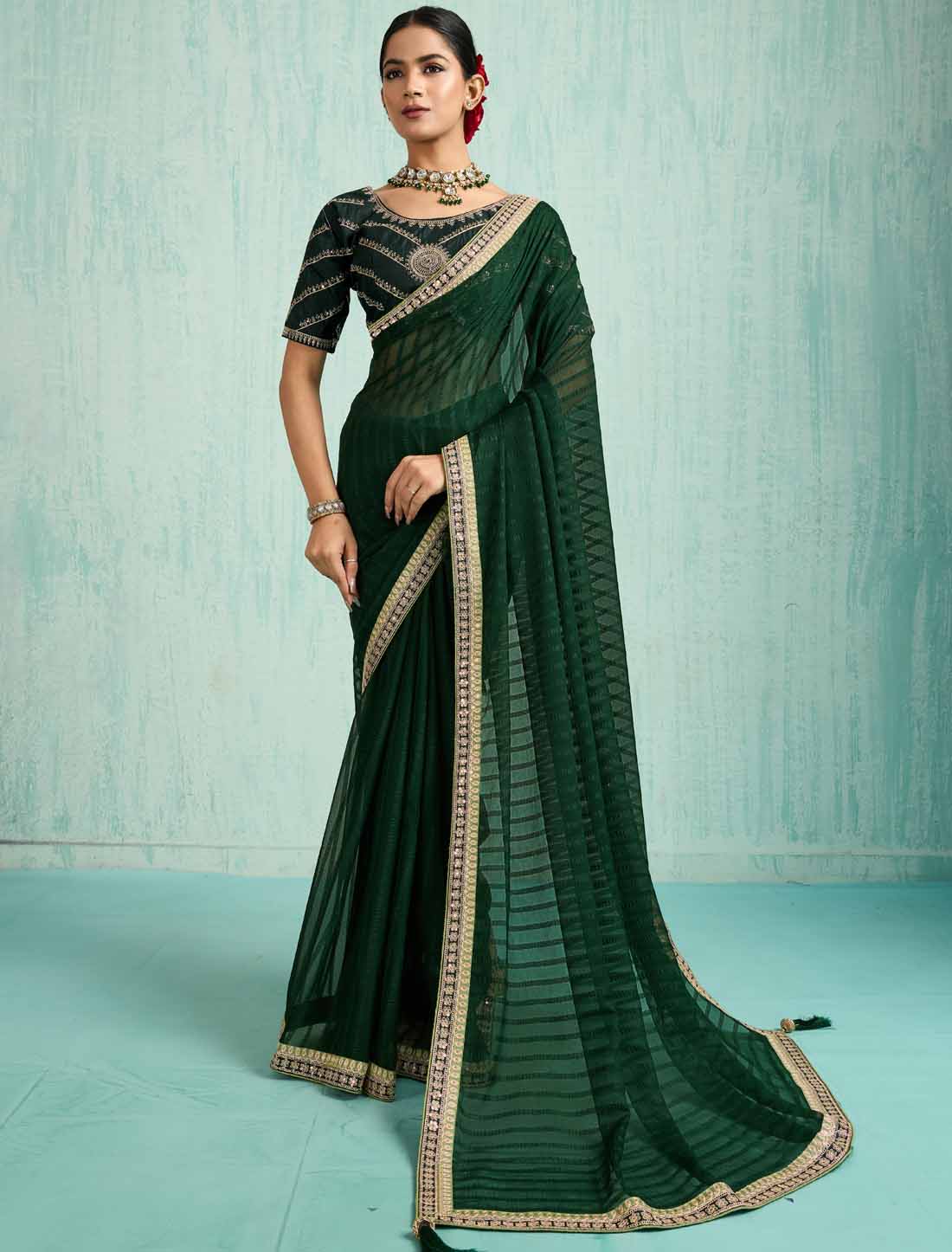 Dark Green Ethnic Chiffon With Banglori Silk Blouse Zari Sequence Saree