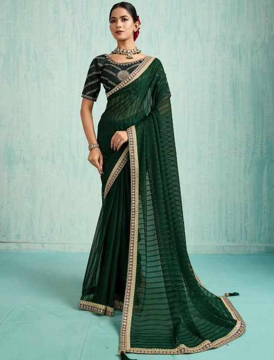 Dark Green Ethnic Chiffon With Banglori Silk Blouse Zari Sequence Saree