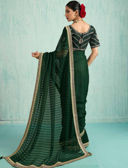 Dark Green Ethnic Chiffon With Banglori Silk Blouse Zari Sequence Saree