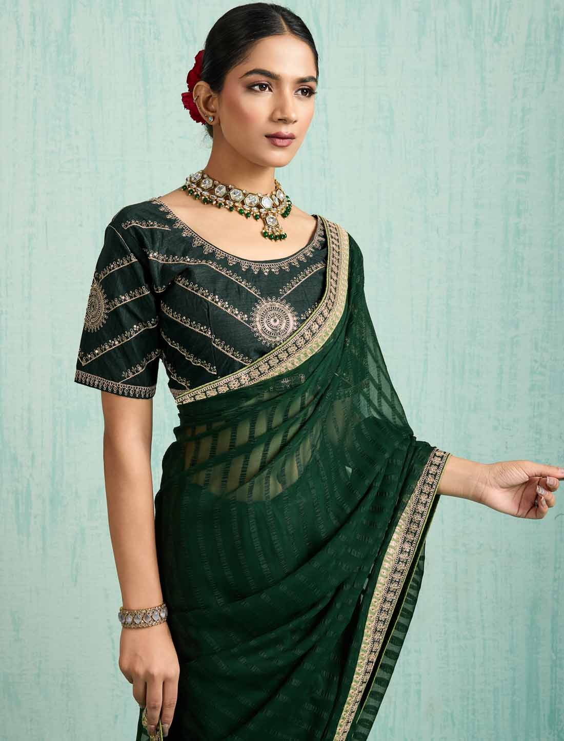 Dark Green Ethnic Chiffon With Banglori Silk Blouse Zari Sequence Saree