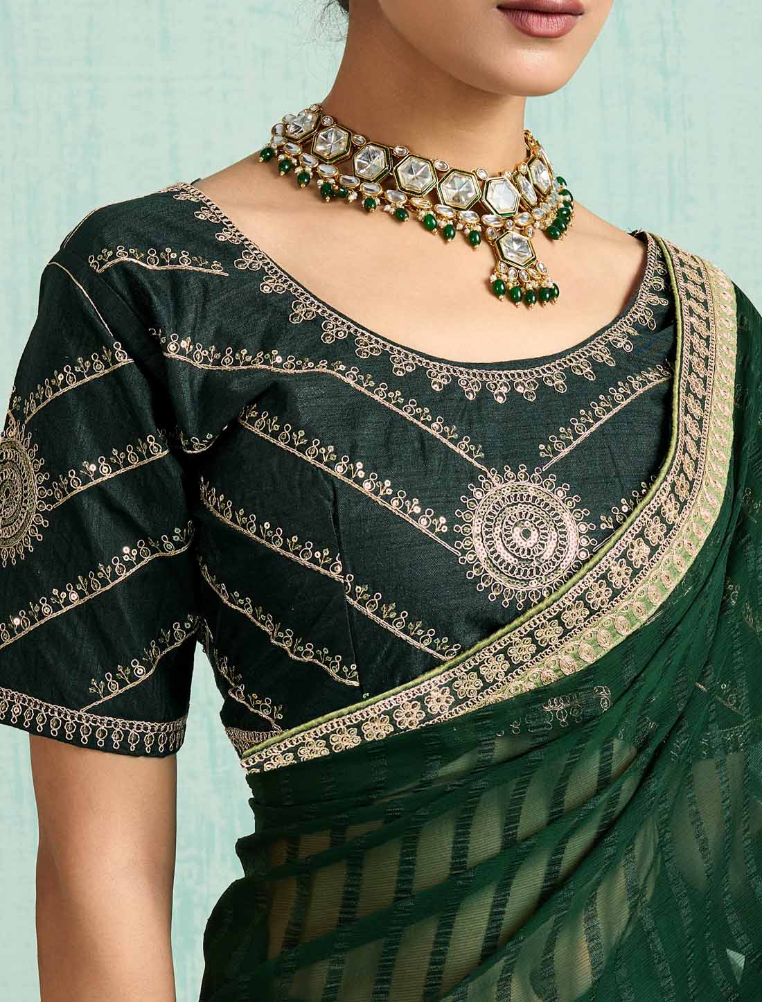 Dark Green Ethnic Chiffon With Banglori Silk Blouse Zari Sequence Saree
