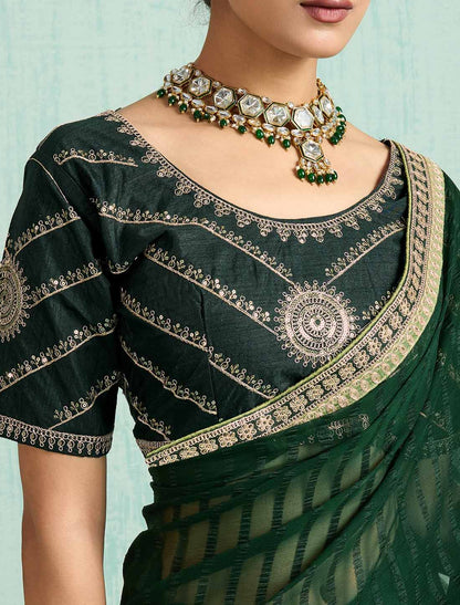 Dark Green Ethnic Chiffon With Banglori Silk Blouse Zari Sequence Saree