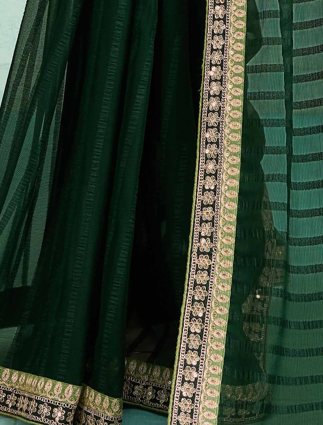 Dark Green Ethnic Chiffon With Banglori Silk Blouse Zari Sequence Saree
