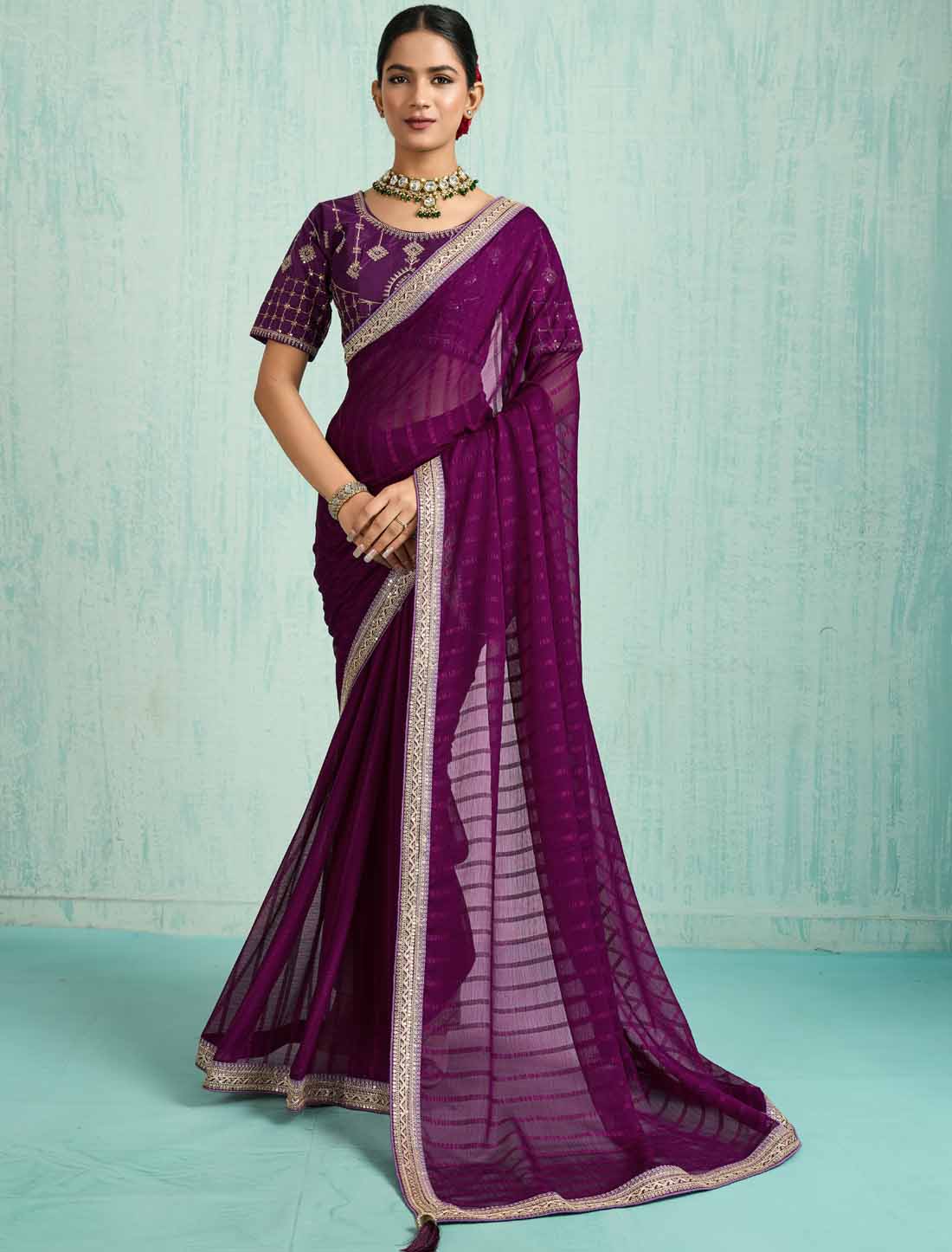 Purple Ethnic Chiffon With Banglori Silk Blouse Zari Sequence Saree