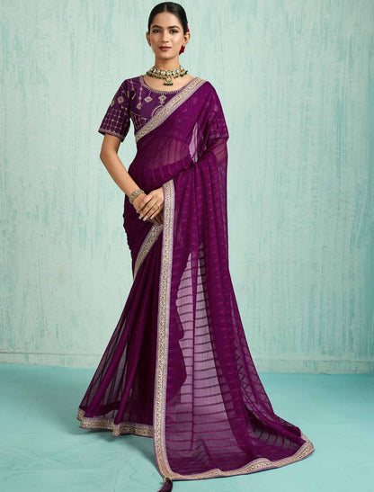 Purple Ethnic Chiffon With Banglori Silk Blouse Zari Sequence Saree