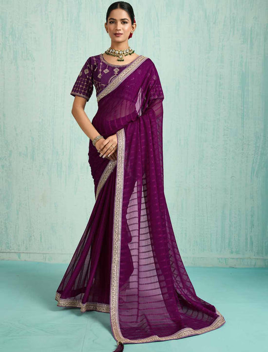 Purple Ethnic Chiffon With Banglori Silk Blouse Zari Sequence Saree