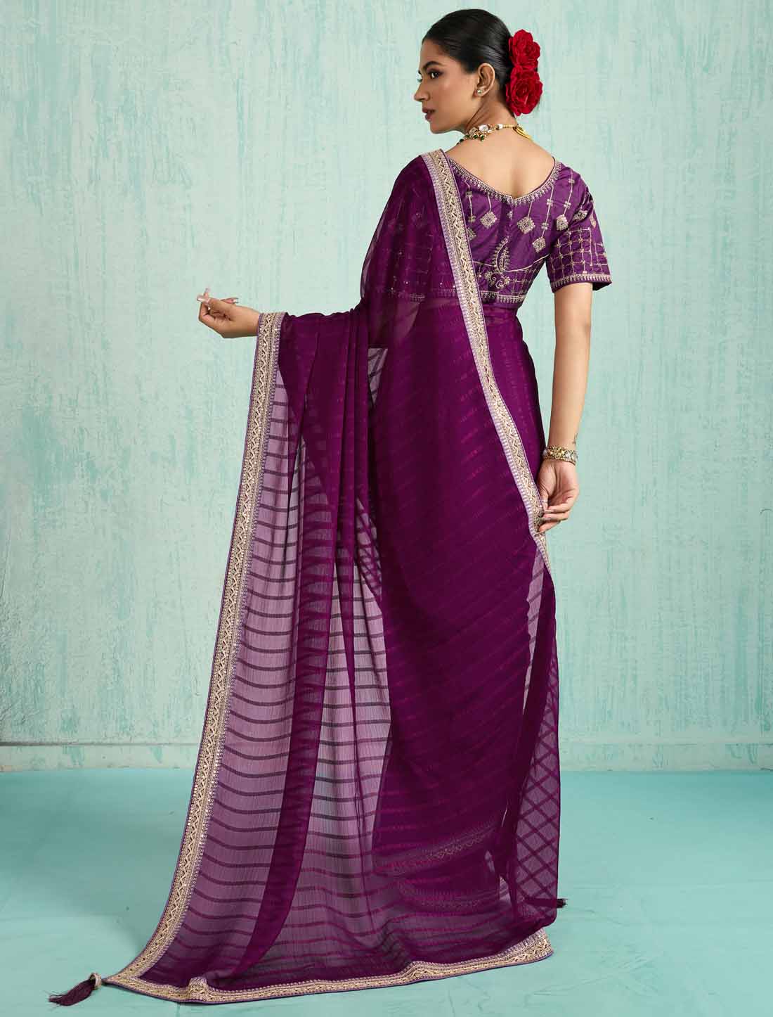 Purple Ethnic Chiffon With Banglori Silk Blouse Zari Sequence Saree