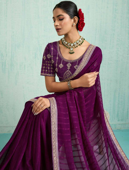 Purple Ethnic Chiffon With Banglori Silk Blouse Zari Sequence Saree
